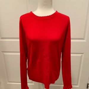 Red cotton sweater with scalloped sleeves/neck